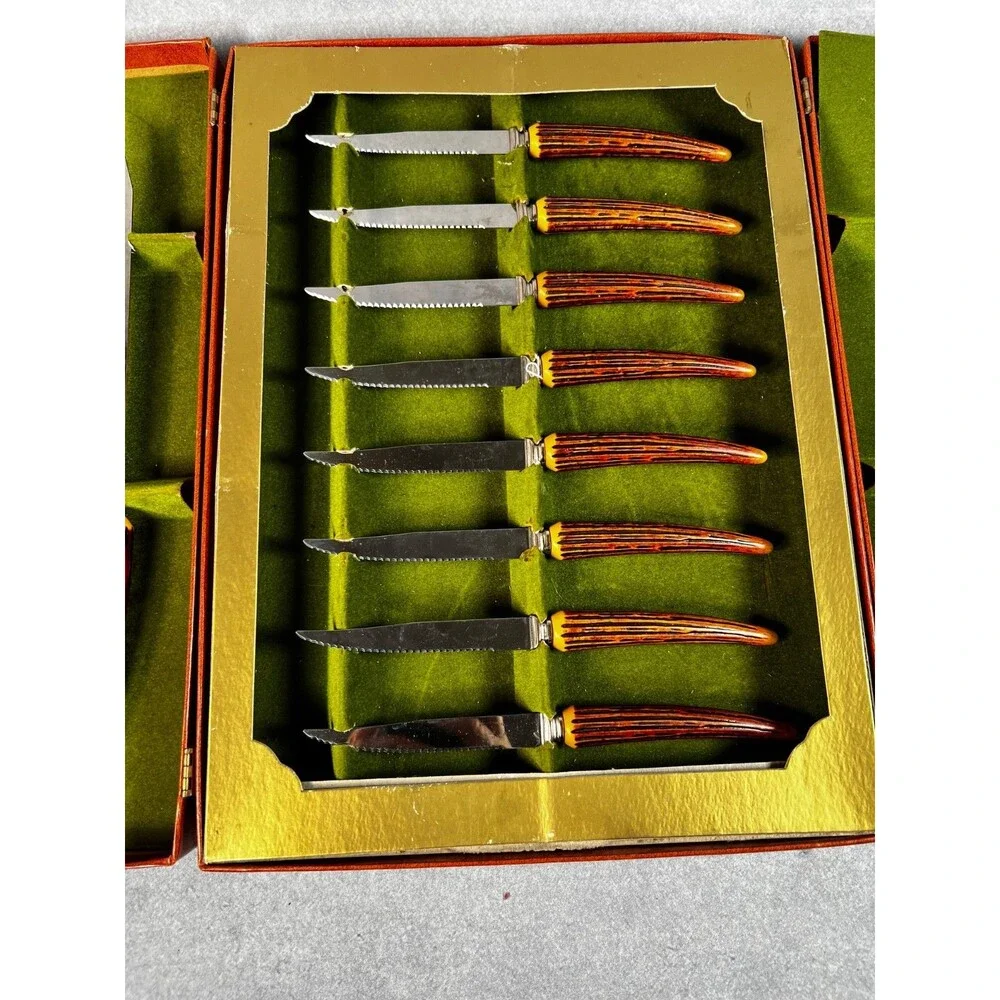 Vintage Sheffield England 12 Pc Steak Carving Knife Set Faux Stag Handles Box